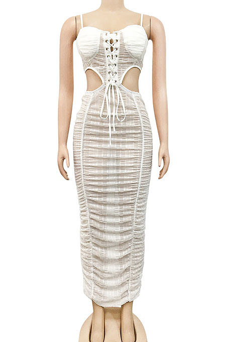 Black Trendy Pure Color Women Sexy Condole Belt Bandage Strapless Backless Ruffle Dew Waist Long Dress XZ5287-2