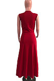 Black Euramerican Women Sexy V Collar Ruffle Sleeveless Solid Color High Waist Long Dress OMY0029-4