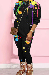 Black Casual Splash-Ink Printing Long Sleeve Round Neck Jumper Sweat Pants Two-Piece WJ5113-1