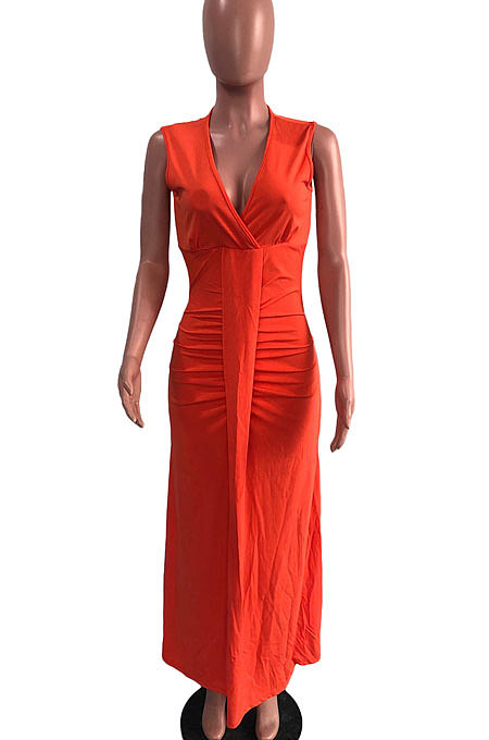 Orange Euramerican Women Sexy V Collar Ruffle Sleeveless Solid Color High Waist Long Dress OMY0029-1