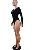 White Sexy Casual Ribber Long Sleeve V Neck Solid Color Bodycon Romper Shorts WY6502-4
