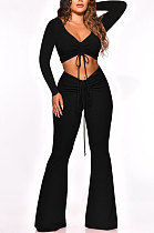 Black Women Autumn Winter Ribber Solid Color Shirred Detail V Collar Sexy Tiny Flared Pants Sets Q921-3