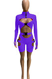 Black Women Club Wear Hollow Out Solid Color Buckle Long Sleeve Sexy Romper Shorts Q940-1