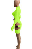 Rose Red Women Club Wear Hollow Out Solid Color Buckle Long Sleeve Sexy Romper Shorts Q940-7