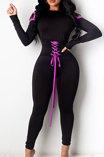 Black Night Club Eyelet Bandage Long Sleeve Round Neck Collcet Waist Bodycon Jumpsuits YSH6182 