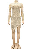 Apricot Night Club Mesh See-Through Hot Drilling Tassel Long Sleeve Round Collar Slim Fitting Mini Dress XZ5216-2