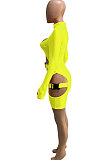 Orange Women Club Wear Hollow Out Solid Color Buckle Long Sleeve Sexy Romper Shorts Q940-4