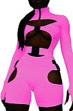 LemonYellow Women Club Wear Hollow Out Solid Color Buckle Long Sleeve Sexy Romper Shorts Q940-6