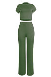 Black Euramerican Sexy Women Dew Waist Short Sleeve Pocket Pure Color Pants Sets KF61-2