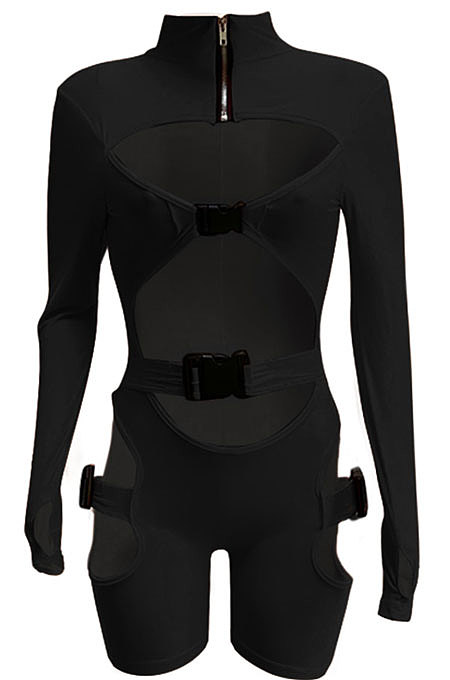 Neon Green Women Club Wear Hollow Out Solid Color Buckle Long Sleeve Sexy Romper Shorts Q940-5