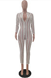 Purple Sexy Gridding See-Through Long Sleeve Zipper Collcet Waist Bodycon Jumpsuits ALS263-1