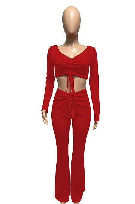 Red Women Autumn Winter Ribber Solid Color Shirred Detail V Collar Sexy Tiny Flared Pants Sets Q921-1