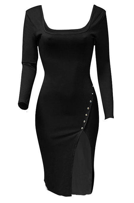 Red Women Autumn Square Neck Bodycon Sexy Split Solid Color High Waist Mid Dress Q934-4