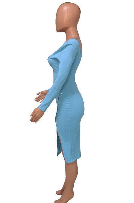 Brown Women Autumn Square Neck Bodycon Sexy Split Solid Color High Waist Mid Dress Q934-6