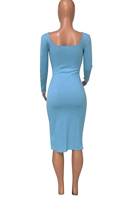 Khaki Women Autumn Square Neck Bodycon Sexy Split Solid Color High Waist Mid Dress Q934-2