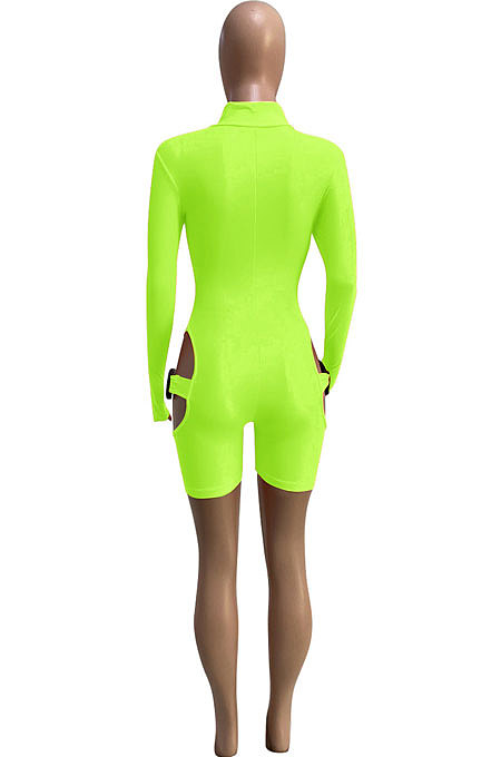 Orange Women Club Wear Hollow Out Solid Color Buckle Long Sleeve Sexy Romper Shorts Q940-4