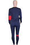 Blcak Women Fleece Woollen Sweater Spliced Stripe Sport Long Sleeve Casual Pants Sets SN390203-1