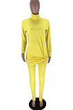 Yellow Cotton Blend Long Sleeve Round Neck Loose T-Shirt Pencil Pants Solid Color Sets TZ10859-1