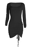 Purple Euramerican Women Long Sleeve Shirred Detail Fashion Pure Color Tight Mini Dress Q926-2