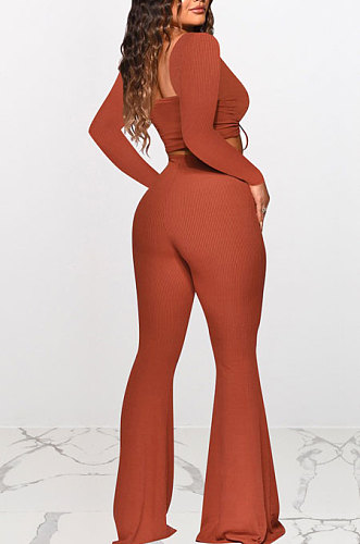 Dark Orange Women Autumn Winter Ribber Solid Color Shirred Detail V Collar Sexy Tiny Flared Pants Sets Q921-4