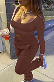 Black Gray Simple Long Sleeve Low-Cut Crop Top Long Pants Solid Color Sport Sets YSH6209-1