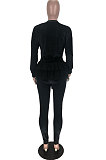 Khaki Wholesal Korea Velvet Mesh Spliced Long Sleeve Round Collar Jumper Pencil Pants Two-Piece TZ10852-2