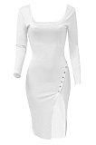 Yellow Women Autumn Square Neck Bodycon Sexy Split Solid Color High Waist Mid Dress Q934-3