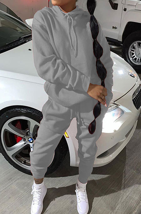 Gray Modest Casual Long Sleeve Hoodie Sweat Pants Solid Color Two-Piece YSH6199-7