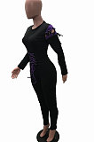 Black Night Club Eyelet Bandage Long Sleeve Round Neck Collcet Waist Bodycon Jumpsuits YSH6182 