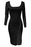 Neon Green Women Autumn Square Neck Bodycon Sexy Split Solid Color High Waist Mid Dress Q934-8