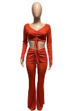 Light Blue Women Autumn Winter Ribber Solid Color Shirred Detail V Collar Sexy Tiny Flared Pants Sets Q921-2