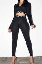 Black Simple Women Letter Print Long Sleeve Zipper Crop Top Bodycon Pants Slim Fitting Two-Piece ALS209-1