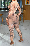 Blue Autumn Winter Women Wave Printing Zipper Slim Fitting Long Sleeve Sexy Bodycon Jumpsuits Q937-3