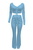 Red Women Autumn Winter Ribber Solid Color Shirred Detail V Collar Sexy Tiny Flared Pants Sets Q921-1