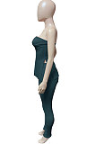 Dark Blue Women Ribber Solid Color Strapless Split Tops Long Pants Casual Two-Pieces Q935-5
