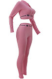 Black Simple Women Letter Print Long Sleeve Zipper Crop Top Bodycon Pants Slim Fitting Two-Piece ALS209-1