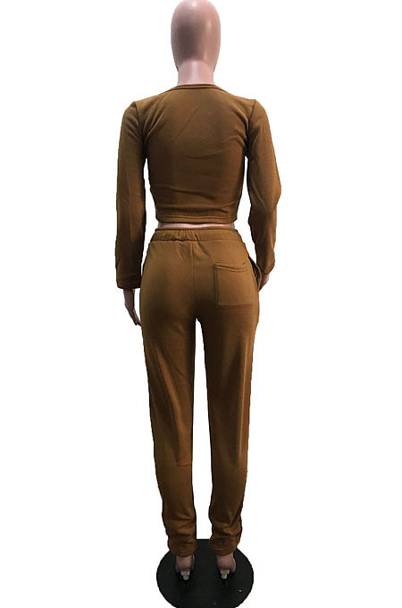 White Gray Simple Long Sleeve Low-Cut Crop Top Long Pants Solid Color Sport Sets YSH6209-5