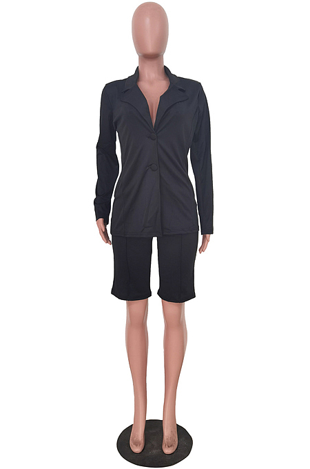 Black Fashion Long Sleeve Lapel Neck Single-Breasted Small Suit Wide Leg Shorts Solid Color Not With Beltband OL Sets TRS1173-2