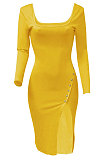 Neon Green Women Autumn Square Neck Bodycon Sexy Split Solid Color High Waist Mid Dress Q934-8