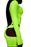 Neon Green Women Club Wear Hollow Out Solid Color Buckle Long Sleeve Sexy Romper Shorts Q940-5