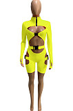 Neon Green Women Club Wear Hollow Out Solid Color Buckle Long Sleeve Sexy Romper Shorts Q940-5