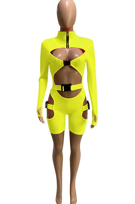 Neon Green Women Club Wear Hollow Out Solid Color Buckle Long Sleeve Sexy Romper Shorts Q940-5