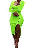 Sky Blue Women Autumn Square Neck Bodycon Sexy Split Solid Color High Waist Mid Dress Q934-9