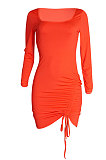 Orange Euramerican Women Long Sleeve Shirred Detail Fashion Pure Color Tight Mini Dress Q926-1