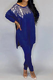 Blue Casual Sequins Long Sleeve Round Neck Loose Top Bodycon Pants Two-Piece TZ10863-4