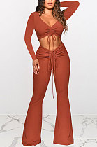 Dark Orange Women Autumn Winter Ribber Solid Color Shirred Detail V Collar Sexy Tiny Flared Pants Sets Q921-4