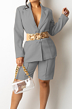 Gray Fashion Long Sleeve Lapel Neck Single-Breasted Small Suit Wide Leg Shorts Solid Color Not With Beltband OL Sets TRS1173-3