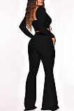 Dark Orange Women Autumn Winter Ribber Solid Color Shirred Detail V Collar Sexy Tiny Flared Pants Sets Q921-4