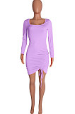 Orange Euramerican Women Long Sleeve Shirred Detail Fashion Pure Color Tight Mini Dress Q926-1