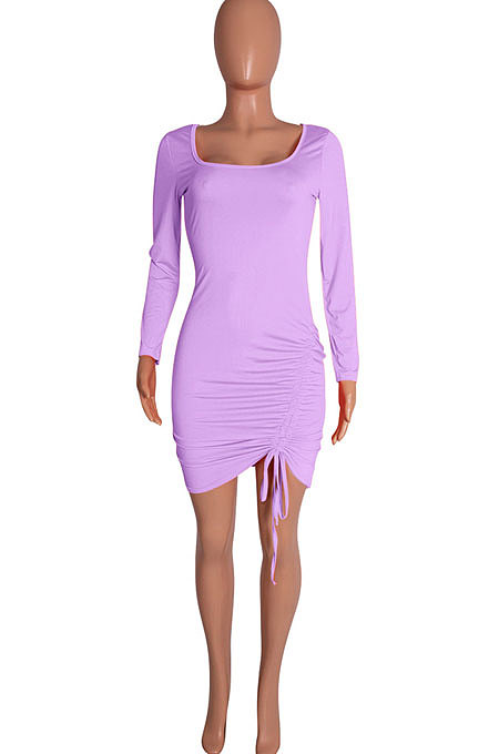 Orange Euramerican Women Long Sleeve Shirred Detail Fashion Pure Color Tight Mini Dress Q926-1